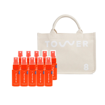 Set of red spray bottles with a beige tote bag featuring 'TOWVER' branding on a white background. [Shared]