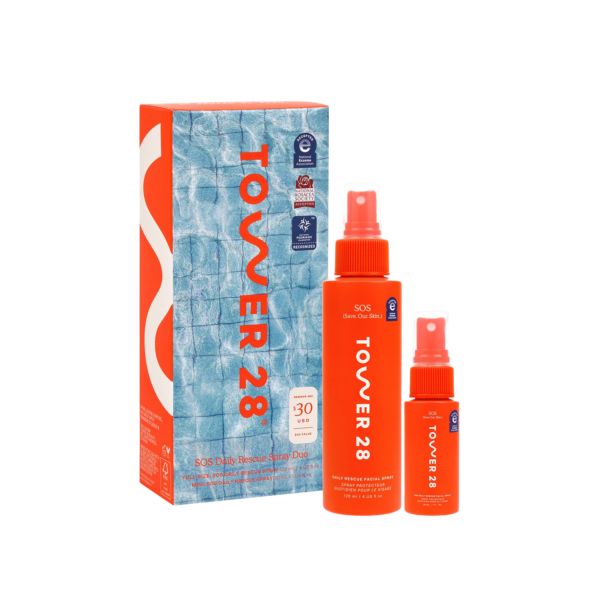 Orange 'Tovver 28' spray bottles and packaging on a white background [Shared]
