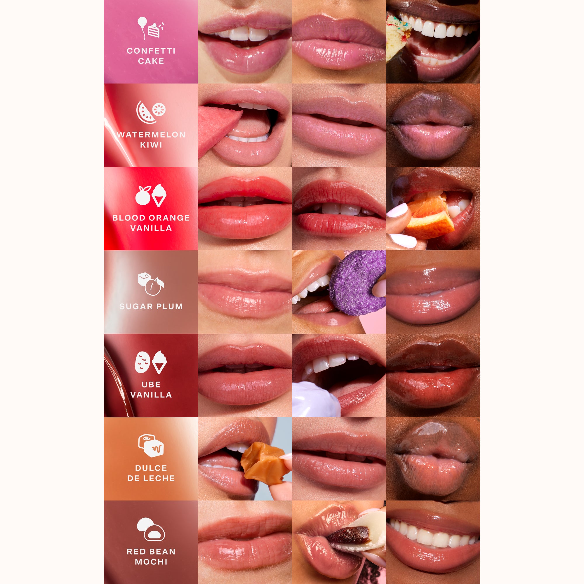 [Tinted shades of the Tower 28 Beauty Deluxe LipSoftie® Gift Set applied on three different skin tones, Blood Orange Vanilla, Watermelon Kiwi, Dulce de Leche, and Ube Vanilla]