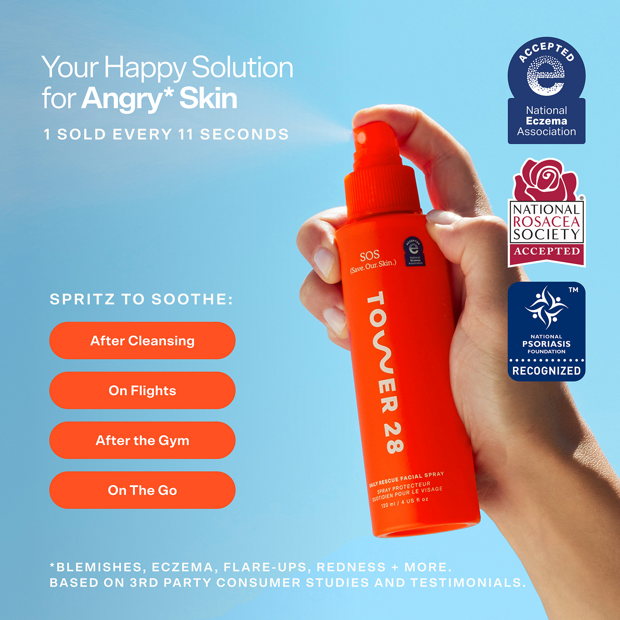 Orange spray bottle held by a hand with text and logos on a blue background [Shared]
