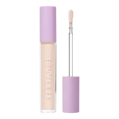 Tower 28 Beauty Swipe Serum Concealer in the shade 2.0 BU, shown with the tube standing upright next to the open applicator wand to reveal the product. [2.0 BU]